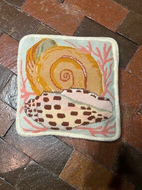 Small vintage  10” X 10” pillow with shell needle work on front